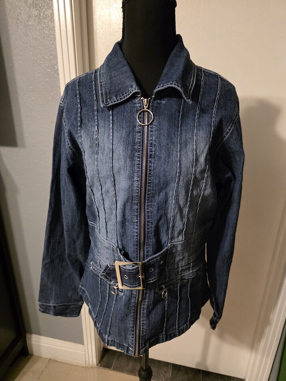 Dark Blue Denim Zip-Front Jacket with Waist Belt